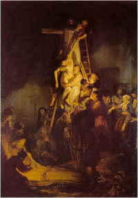 Rembrandt, Descent from the Cross 1634 Oil on canvas, 158 x 117 cm (62 x 46 in) Hermitage, St. Petersburg. José de Arimatea abraza a Jesús, no le lleva solo a su tumba familiar sino a su propria vida.